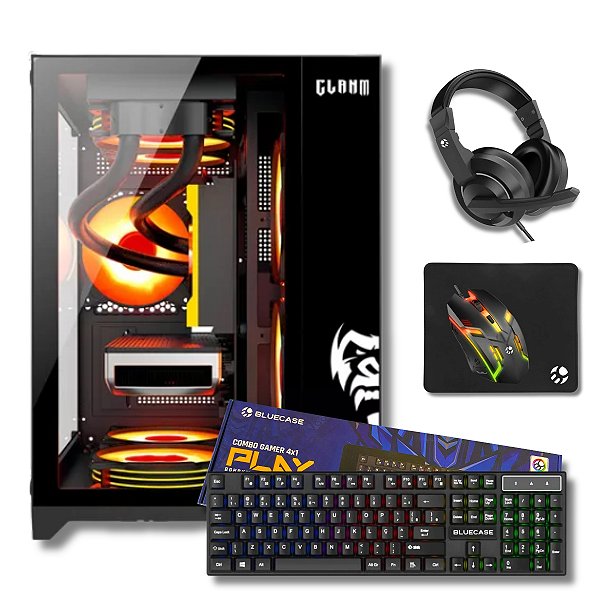 Gabinete Gamer Aquário, Clanm Grodd Night + Combo Gamer 4X1 (Teclado+Mouse+Headset+Mousepad), Preto