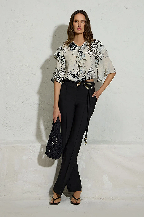 Calça Malha Preta com Cinto Feminina Elegante