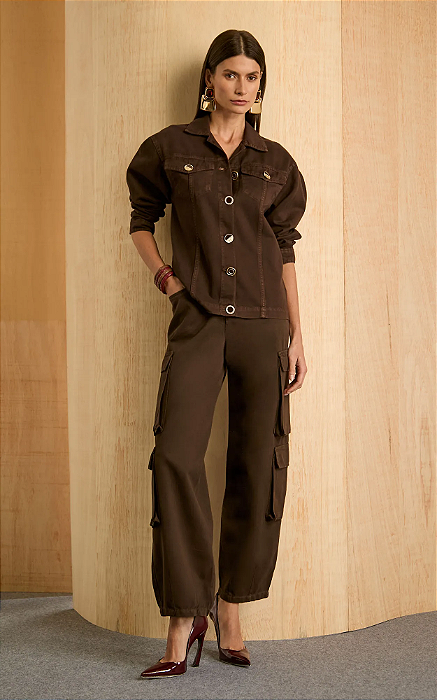 Conjunto Jaqueta Jeans Botões Feminino Marrom