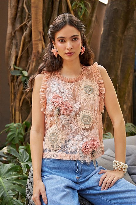 Blusa Tule Rosê com Flores Bordadas