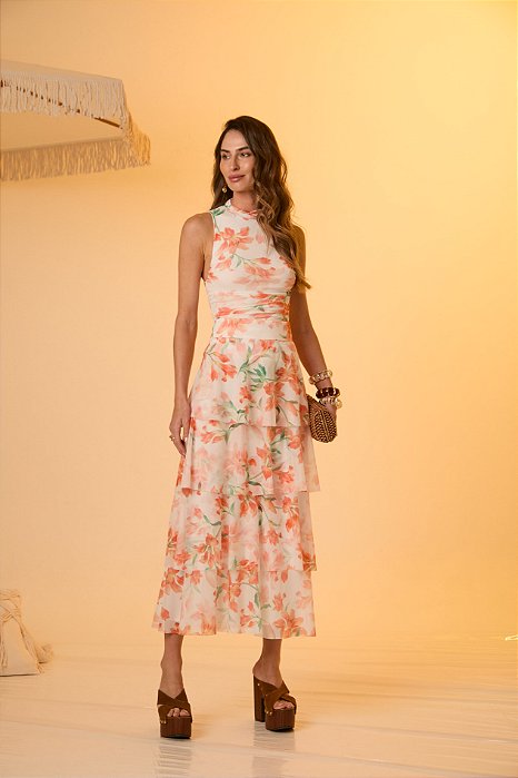 Saia Midi Tule Laranja Elegante