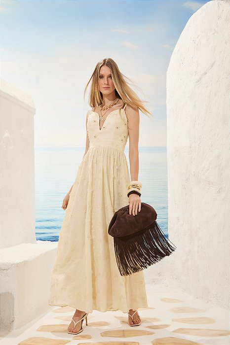 Vestido Longo Palas Franzido Amarelo Elegante