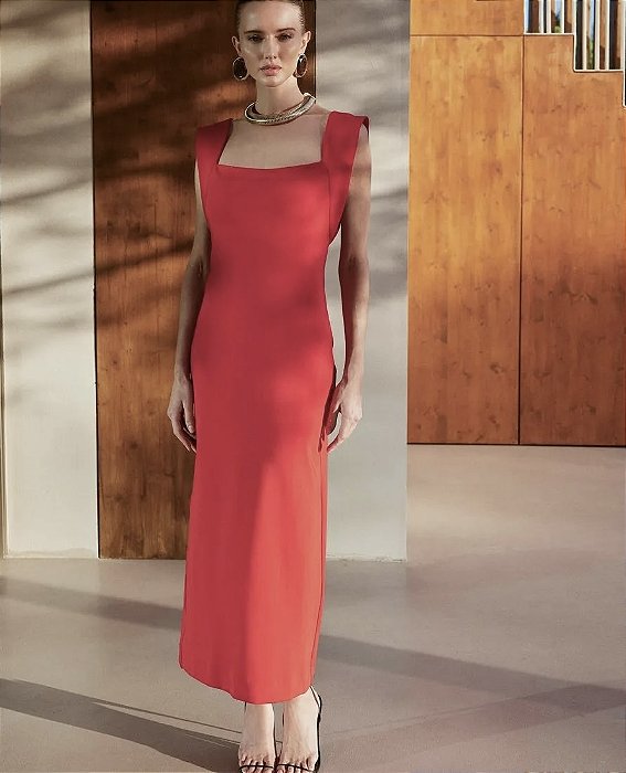 Vestido Feminino Midi Ombro Estruturado Vermelho