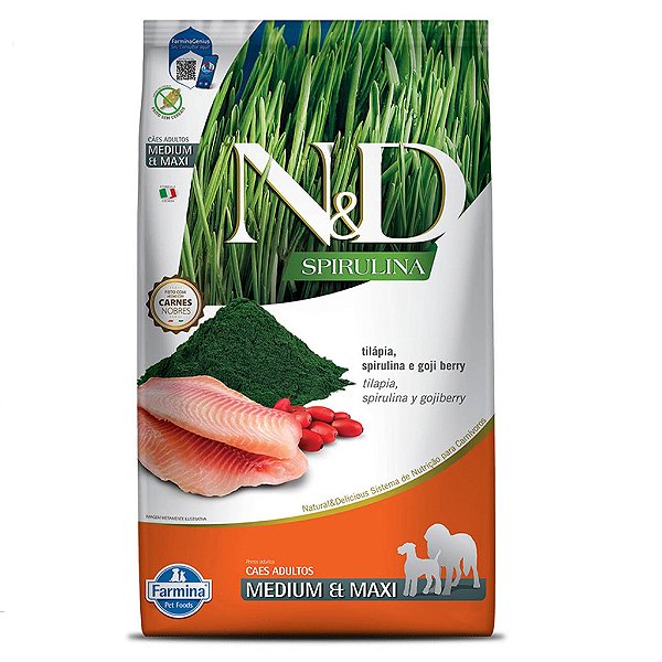Ração Farmina N&D Spirulina para Cães Adultos de Porte Médio e Grande Sabor Tilápia, Spirulina e Goji Berry 10,1kg