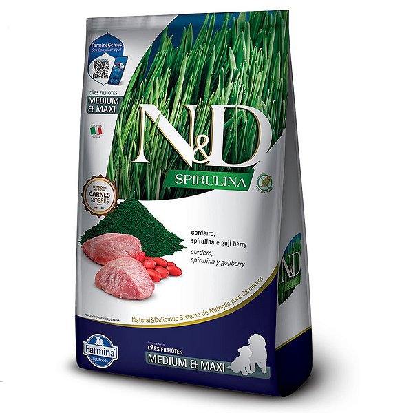 Ração Farmina N&D Spirulina para Cães Filhotes de Porte Médio e Grande Sabor Cordeiro, Spirulina e Goji Berry 10,1kg
