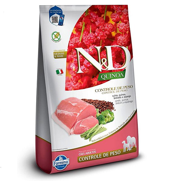 Ração Farmina N&D Quinoa Controle de Peso para Cães Adultos de Raças Médias e Grandes Sabor Suíno, Quinoa, Brócolis e Aspargo 10,1kg