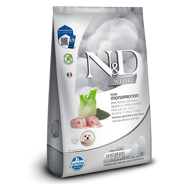 N&D White para Cães Filhotes de Raças Médias e Grandes Sabor Merluza, Spirulina e Erva Doce 7 Kg