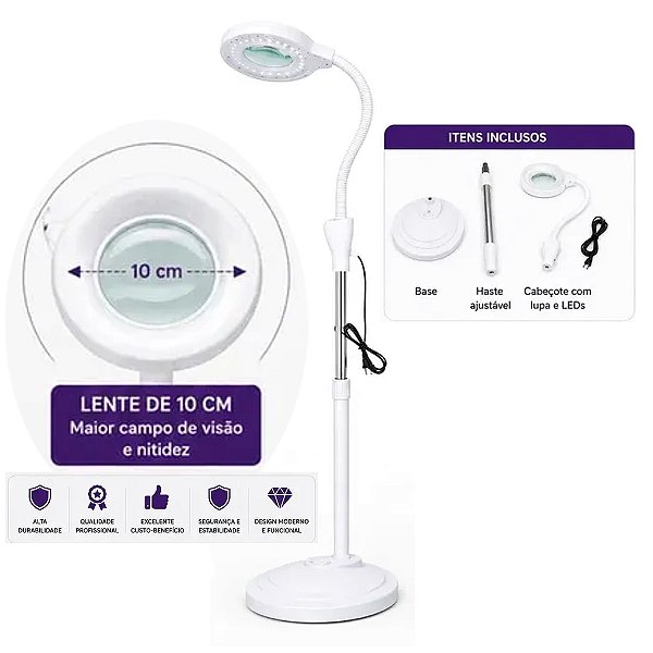 Lupa Luminaria LED Profissional 120 LEDs com Tripe e Zoom 5x - Bivolt