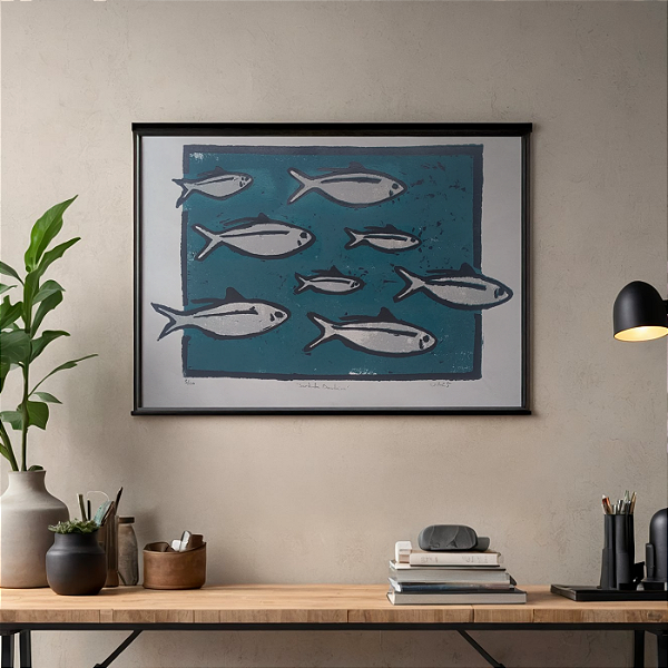 Cardume de Sardinha Bandeira em Xilogravura Policromática A3 - Uilo Andrade