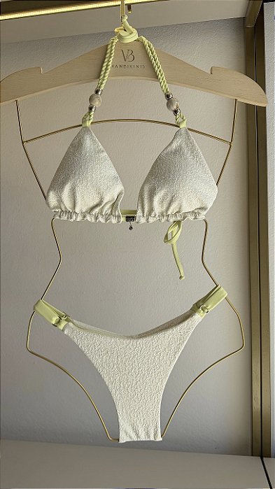 Top cortininha com bojo removivel com detalhes alca e micangas + calcinha regulagem 013 reg algodao doce amarelo