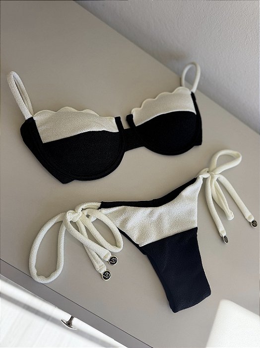 Top meia taça nuvem + calcinha lacinho 015 Tulum off e preto