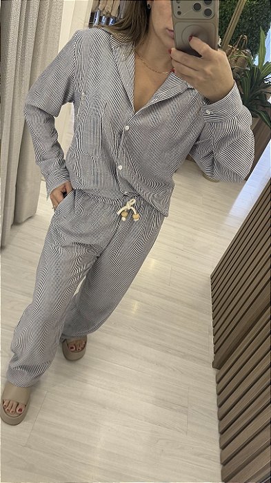 Camisa + calça com bolso micro linho listras Marinho