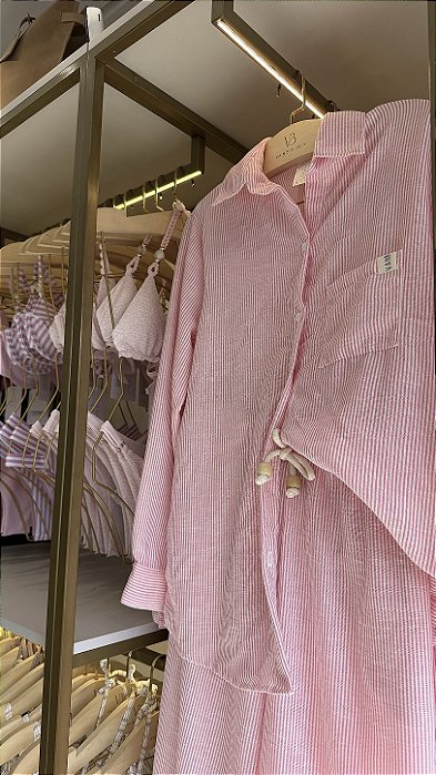 Camisa + calça com bolso micro linho listras rosas