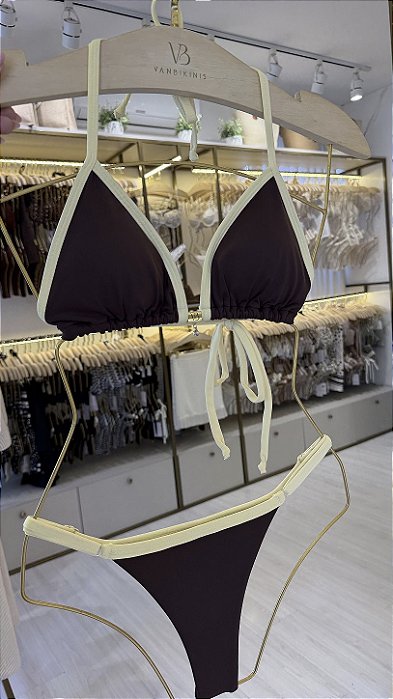 Cortininha com bojo removivel 018 + calcinha 794 regulagem Rio Marrom com viés amarelo