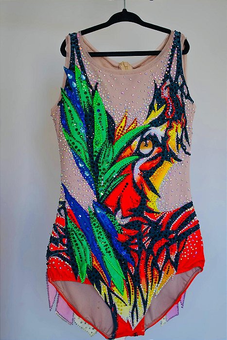 Collant de Competição Laranja e Verde Tropical com Cristais