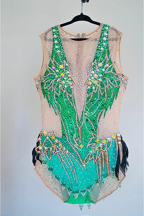 Collant Verde com Cristais Dourados – Ginástica Rítmica | Lieko Ateliê