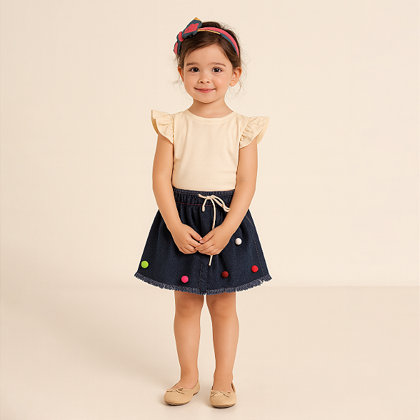 Saia Jeans Infantil com Pompom – Ref. 14