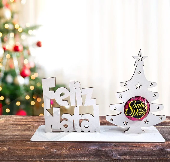 Kit 10 Enfeites Porta Bombom Feliz Natal Lembrancinha Fim de ano em MDF Branco