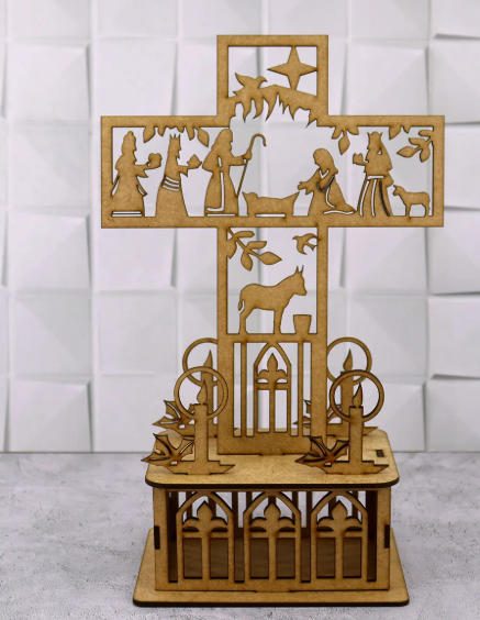 Presépio Cruz Natal Advento Capela em MDF Cru