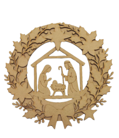 Guirlanda de Natal Sagrada Família em MDF - 23x23cm