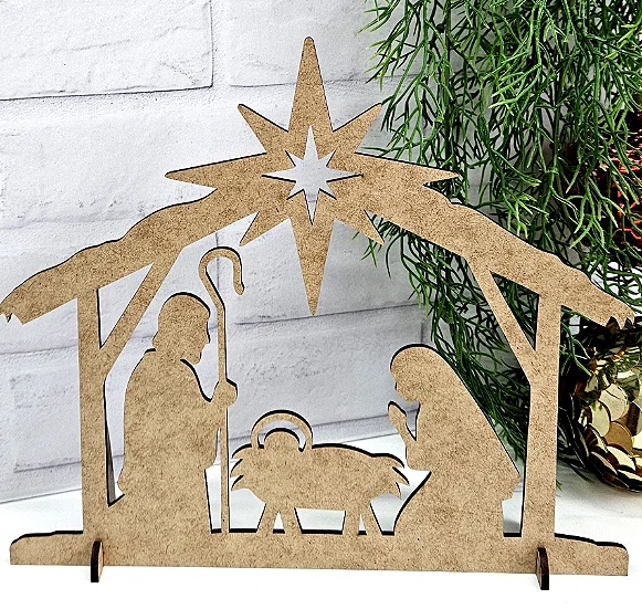 Enfeite MDF Natal Presépio Nascimento Jesus 25 x 21 cm com Suporte