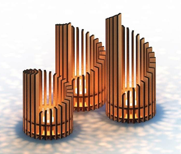 Luminárias para Velas de MDF Amadeirado - Conjunto com 3 Unidades (P, M, G)