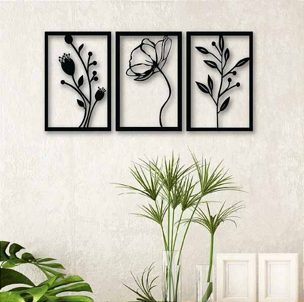 Kit Quadro Decorativo Vazado Conjunto Decoração Flores MDF Preto 27x40cm