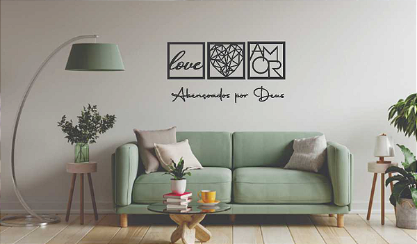 Quadros Decorativos Abençoados por Deus Love e Coração Geométrico Amor para Quarto Sala mdf Preto
