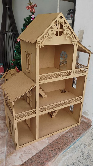 Casinha de Boneca Sem Móveis em MDF 3 Andares