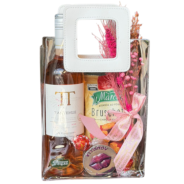 Cesta Presente com Vinho Rosé e Snacks Gourmet