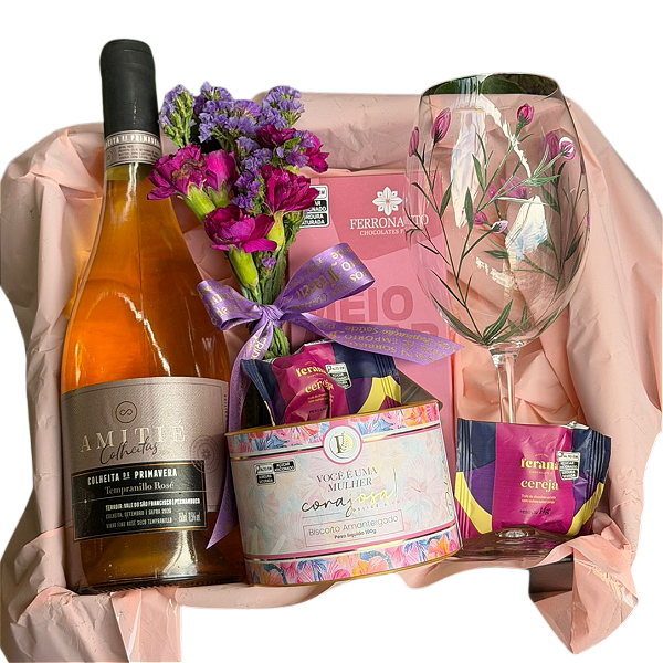 Cesta Presente com Vinho Rosé Seco, Taça Pintada à Mão e Chocolate