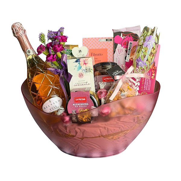 Cesta Presente com Espumante Brut Rosé, Taça Pintada à Mão e Seleção Gourmet