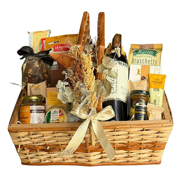 Cesta Presente com Vinho Tinto Seco e Seleção Gourmet Completa