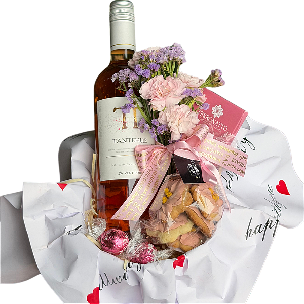Cesta Presente com Vinho Rosé Seco e Chocolate Lindt