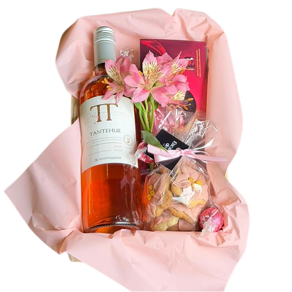 Cesta Presente com Vinho Rosé Seco e Chocolate Lindt