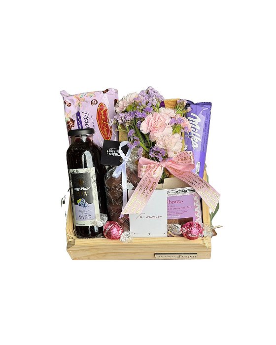 Cesta Presente com Suco de Uva, Flores Naturais e Seleção de Doces
