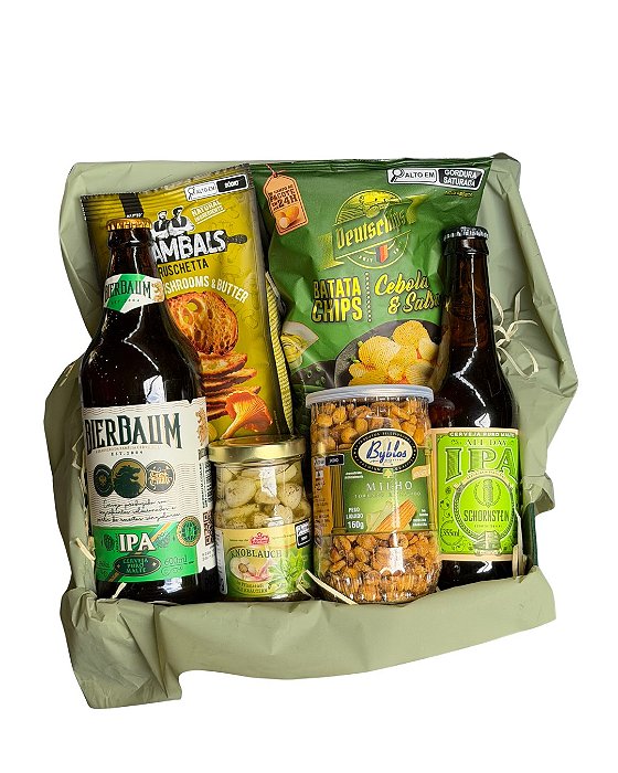 Cesta com Cervejas IPA e Petiscos Gourmet