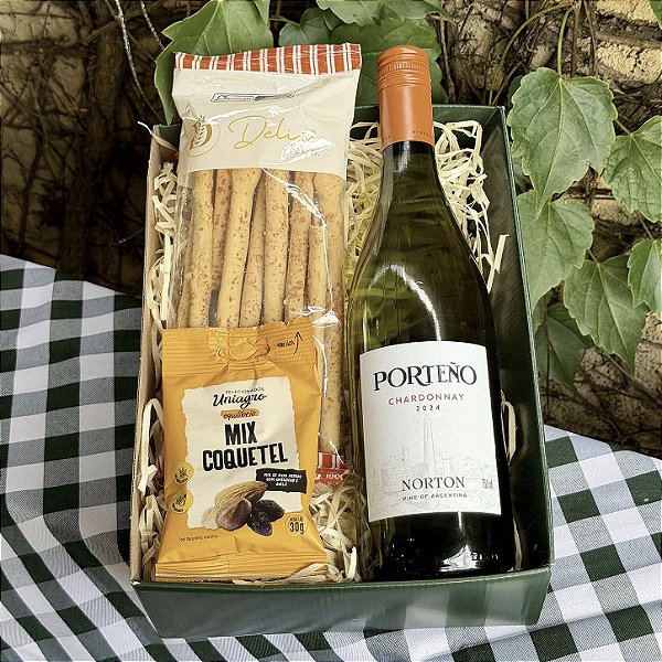 Cesta Presente com Vinho Branco e Petiscos