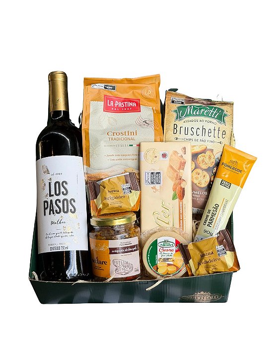 Cesta Gourmet com Vinho Tinto e Snacks Especiais
