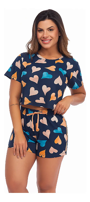 Pijama Cropped Feminino Premium Corações Corpo Sensual