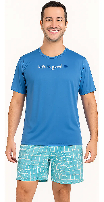 Pijama Masculino Premium Camisa + Short Xadrez Azul Turquesa