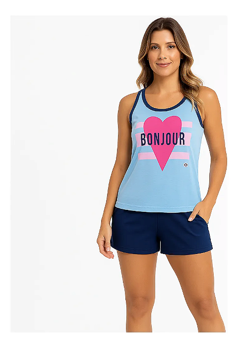 Short Doll Feminino Premium Regata + Short Bonjour Azul Pink