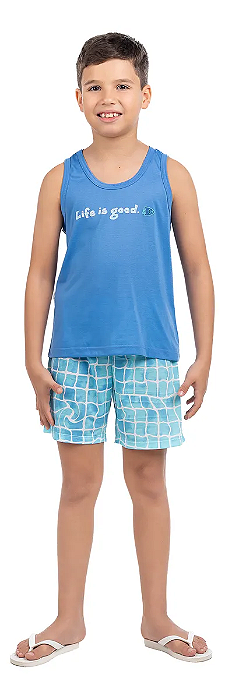 Pijama Infantil Menino Regata + Short Xadrez Azul Turquesa