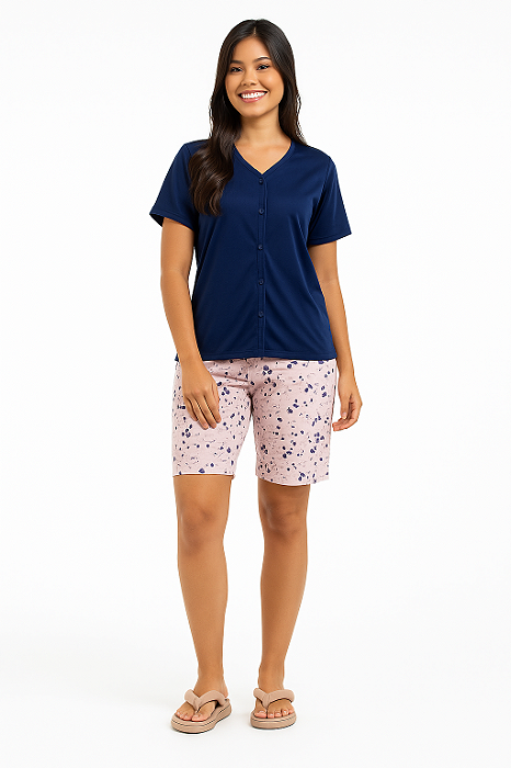 Pijama Feminino Premium Botões Azul + Short Comprido Floral