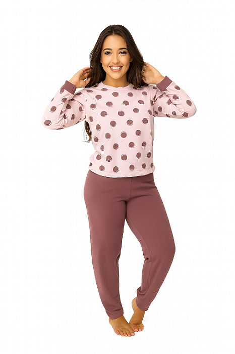 Pijama Moletom Feminino Bolinhas Poliéster Viscose Luxuoso