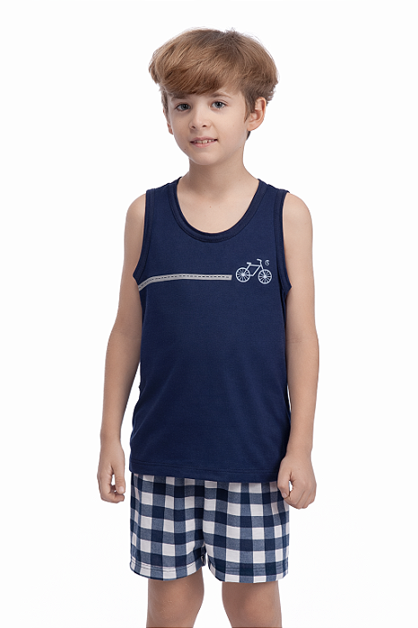 Pijama Infantil Menino Regata + Short Xadrez Malha PV
