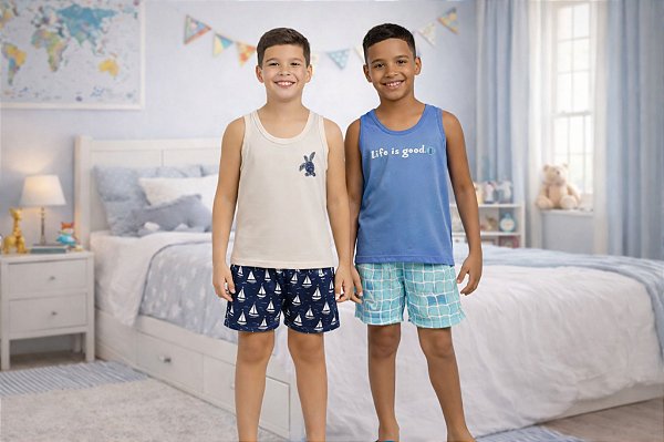 Kit 2 Pijamas Infantil  Menino Conjunto Familia Regata