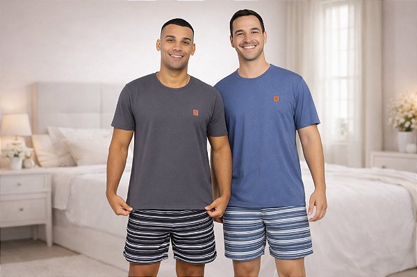 Kit 2 Pijamas Masculinos Mescla com Listrado Conforto