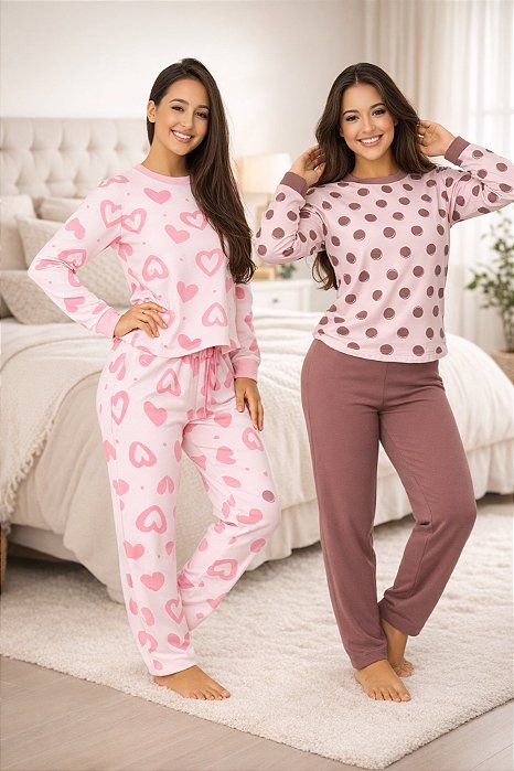 Kit 2 Pijamas Moletom Femininos Estampados Premium Luxuoso