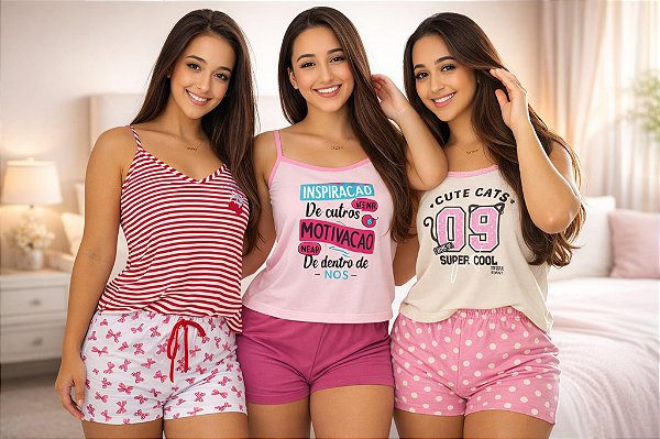 Kit 3 Pijamas Femininos Short Doll Conforto Premium Luxuoso